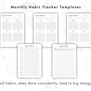 May include: Black and white printable habit tracker templates. The templates include monthly trackers for January, February, March, April, May, June, July, August, September, October, November, and December. There is also a yearly habit tracker template. The text "Small habits, when done consistently, lead to big changes." is at the bottom of the image.