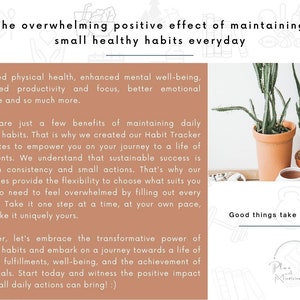 May include: A motivational poster with a peach background and white text. The text reads "The overwhelming positive effect of maintaining small healthy habits everyday". The poster also includes a quote about the benefits of healthy habits and a small illustration of a plant in a pot.