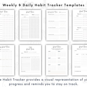 May include: Printable black and white habit tracker templates. The templates include weekly and daily habit trackers with sections for goals, habits, and notes.