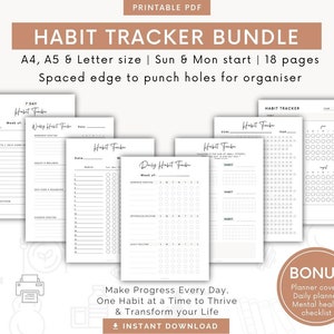 May include: A printable habit tracker bundle in black and white. The bundle includes 18 pages in A4, A5, and letter sizes. The text on the image reads "Habit Tracker Bundle", "A4, A5 & Letter size | Sun & Mon start | 18 pages", "Spaced edge to punch holes for organiser", "Make Progress Every Day. One Habit at a Time to Thrive & Transform your Life", "Instant Download", "Bonus", "Planner covers", "Daily planner", "Mental health checklist".