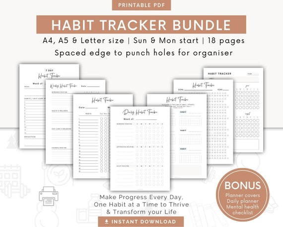 Printable Habit Tracker Bundle 2023 | Digital Monthly, Weekly, Daily Habit Tracker Templates | Habit Planner Pdf | A4, A5, Letter Size