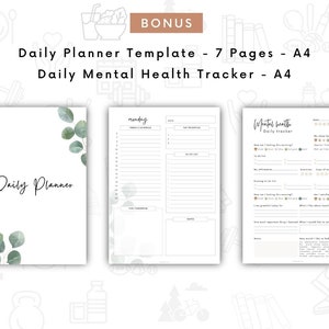 May include: A printable daily planner template with a floral design and a matching mental health tracker. The planner includes sections for daily tasks, to-do lists, and notes. The mental health tracker includes sections for mood, sleep, and gratitude.