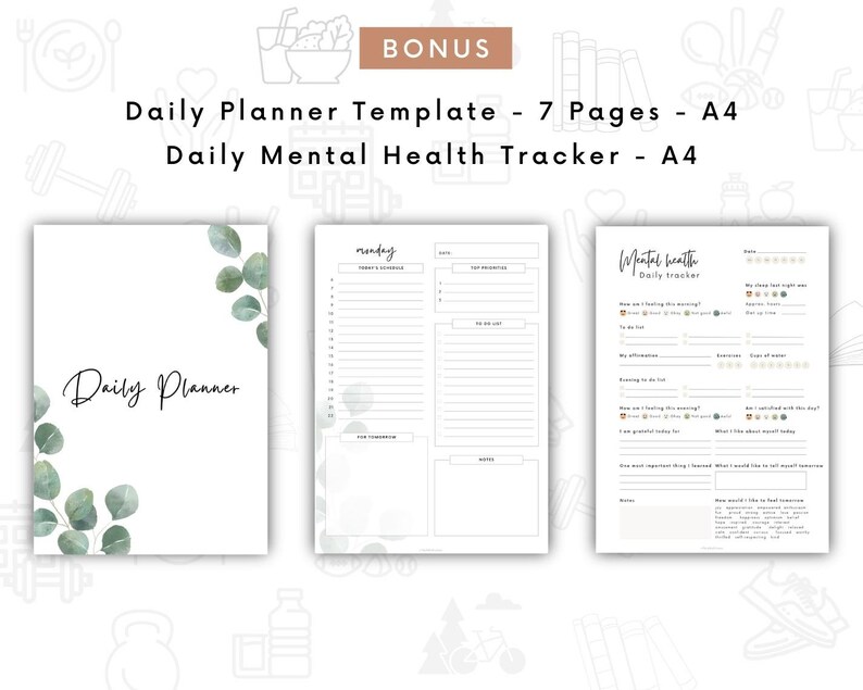 May include: A printable daily planner template with a floral design and a matching mental health tracker. The planner includes sections for daily tasks, to-do lists, and notes. The mental health tracker includes sections for mood, sleep, and gratitude.