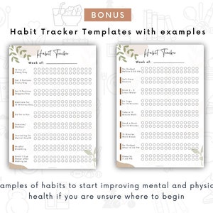 May include: Two printable habit tracker templates with examples of habits to start improving mental and physical health. The templates feature a simple design with a light brown background and green leaves.