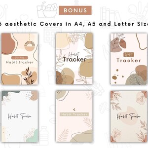May include: Six printable habit tracker covers in A4, A5, and letter sizes. The covers feature a minimalist aesthetic with abstract shapes, leaves, and the text "Habit Tracker".