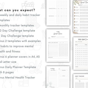 May include: A digital download of printable habit tracker templates. The image shows a variety of templates, including weekly, daily, monthly, and 100-day challenge trackers. The text "What can you expect?" is visible at the top of the image.