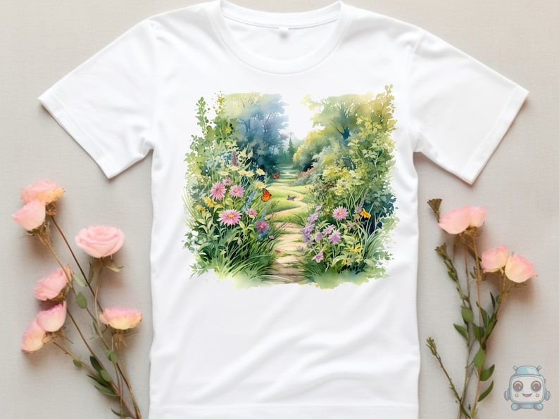 May include: White t-shirt with a watercolor print of a garden path lined with flowers and butterflies.