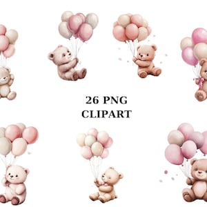 Cute Teddy Bear with Balloons Clipart, 26 PNG on Transparent Background, Perfect for Baby Decor & Invitations