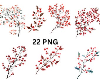 May include: Watercolor illustrations of red berry sprigs with green leaves. The berries are painted in shades of red and the leaves are painted in shades of green. There are seven different sprigs in the image.