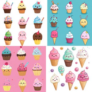 Kawaii Ice Cream And Cupcake Clipart – Cute Dessert Stickers Bundle PNG for Kids Party, Scrapbook & Planner Use