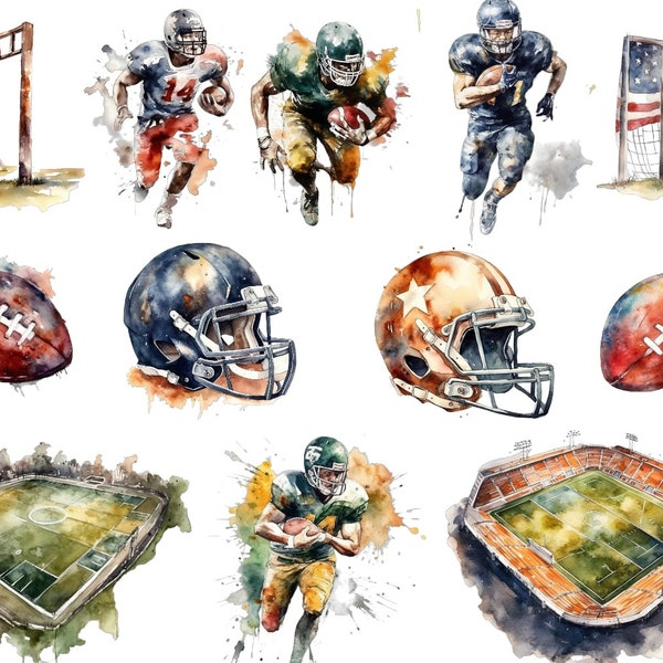 American Football Bundle, Watercolour, 16 PNG images, transparent background, clipart, high quality, 12x12, commercial use