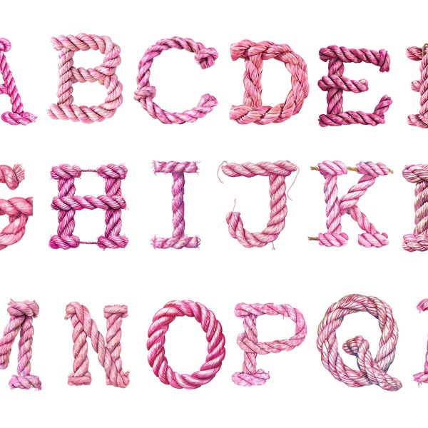 Watercolor Pink Rope Alphabet Clipart, PNG individual images on transparent background, sublimation, commercial use