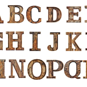 Aquarel houtalfabet, letters, individuele PNG-afbeeldingen, commercieel gebruik, transparante achtergrond, 12x12, direct downloaden