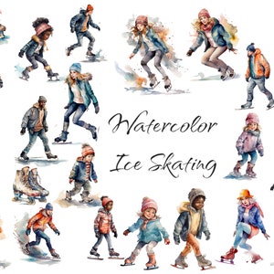 Watercolor Ice Skating Clipart, PNG digital files on transparent background, scrapbook, invitations, commercial use, instant download