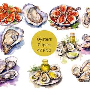 May include: Watercolor illustration of oysters in various arrangements. Some oysters are open, revealing their pearly interiors. Others are closed, with their rough, brown shells. The illustration includes a plate of oysters with a red sauce, a plate of oysters with lemon wedges, and a plate of oysters with a green sauce. The text "Oysters Clipart 42 PNG" is written in gold on a yellow background.