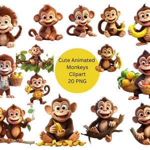 Cute Animated Monkeys Clipart, PNG digital files on transparent background, scrapbook, invitations, commercial use, instant download