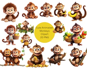 Cute Animated Monkeys Clipart, PNG digital files on transparent background, scrapbook, invitations, commercial use, instant download