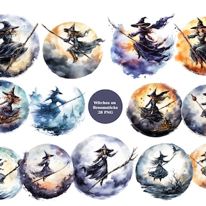 28 Hexen auf Besen Aquarell Clipart, Halloween Clipart, PNG Einzelbilder auf transparentem Hintergrund, Sublimation