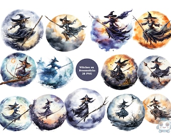 28 heksen op bezemstelen aquarel clipart, Halloween clipart, individuele PNG-afbeeldingen op transparante achtergrond, sublimatie