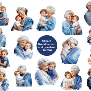 36 Abuela y nieto Clipart, archivos digitales PNG sobre fondo transparente, sublimación, uso comercial