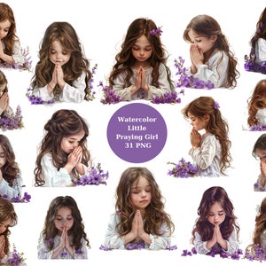 31 Watercolor Little Girl Praying Clipart, Girl Praying , PNG individual images on transparent background, sublimation