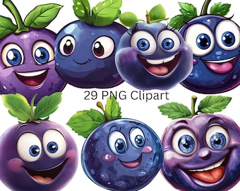29 Funny Blueberries Clipart, PNG individual images on transparent background, sublimation, commercial use