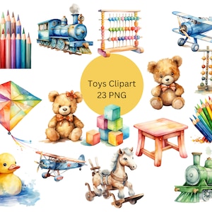 Aquarelle Toys Clipart, fichiers numériques PNG sur fond transparent, scrapbook, invitations, utilisation commerciale