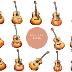 23 Classic Guitars Watercolor Clipart, Instruments Clipart, PNG individual images on transparent background, sublimation