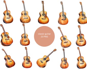 23 Classic Guitars Watercolor Clipart, Instruments Clipart, PNG individual images on transparent background, sublimation