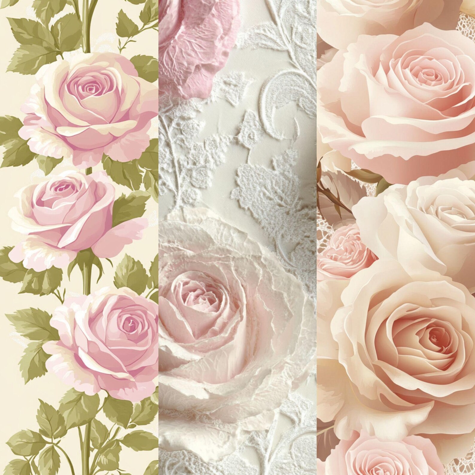 Vintage Rose Digital Paper - Romantic Pink Cream Floral Backgrounds ...