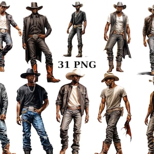 31 Black Cowboy Men Clipart, Western Clipart, Men of Color, individuele PNG-afbeeldingen op transparante achtergrond, sublimatie, commercieel gebruik