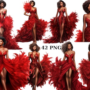 42 mode zwarte vrouwen in rode veren jurk clipart, vrouwen van kleur, individuele PNG-afbeeldingen op transparante achtergrond, sublimatie