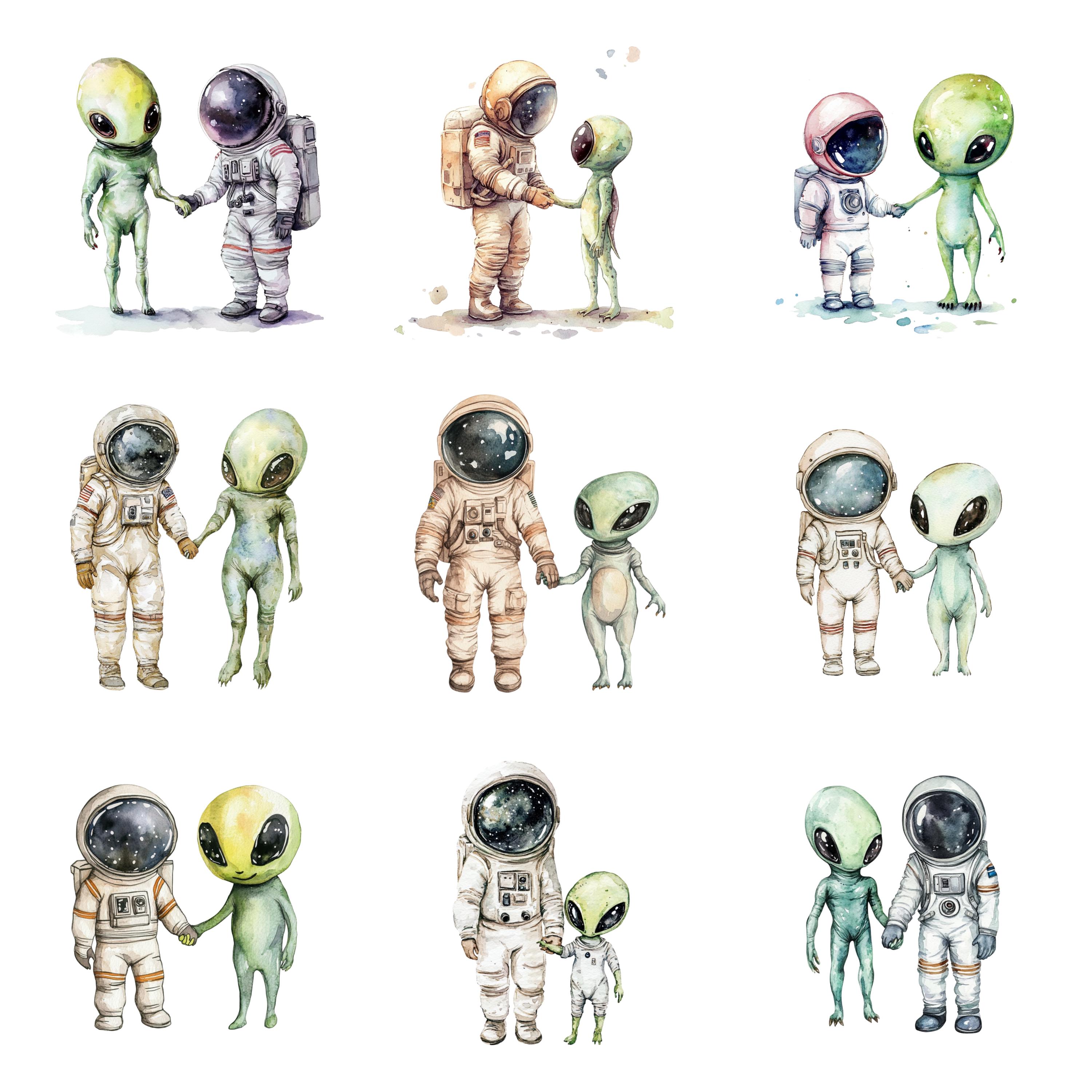 28 Astronauts With Aliens Watercolor Clipart, Space Clipart, PNG ...