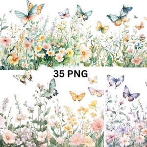 Papillon floral aquarelle PNG Clipart - 35 fleurs sauvages et papillons de fond transparent, papier numérique de printemps, téléchargement immédiat