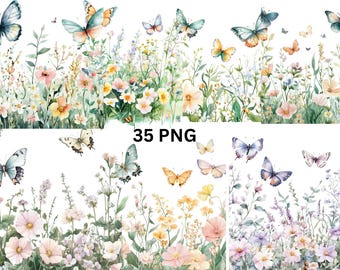 Watercolor Floral Butterfly PNG Clipart - 35 Transparent Background Wildflowers and Butterflies, Spring Digital Paper, Instant Download
