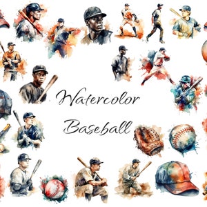 Clipart de béisbol de acuarela, archivos digitales PNG sobre fondo transparente, álbum de recortes, invitaciones, uso comercial, descarga instantánea