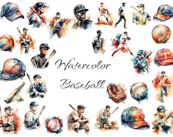 Watercolor Baseball Clipart, PNG digital files on transparent background, scrapbook, invitations, commercial use, instant download