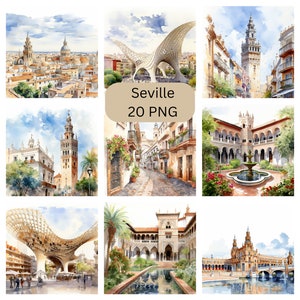 Aquarel Sevilla Clipart, digitale PNG-bestanden op transparante achtergrond, sublimatie, commercieel gebruik