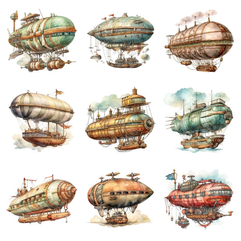 Watercolor Steampunk Air Balloons and Airships Clipart, PNG Digital ...