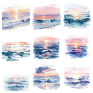 K&ouml;nnte beinhalten: Neun Aquarelle von Ozeanszenen mit Sonnenunterg&auml;ngen. Jedes Gem&auml;lde zeigt eine andere Farbpalette und Komposition von Wellen und Himmel.