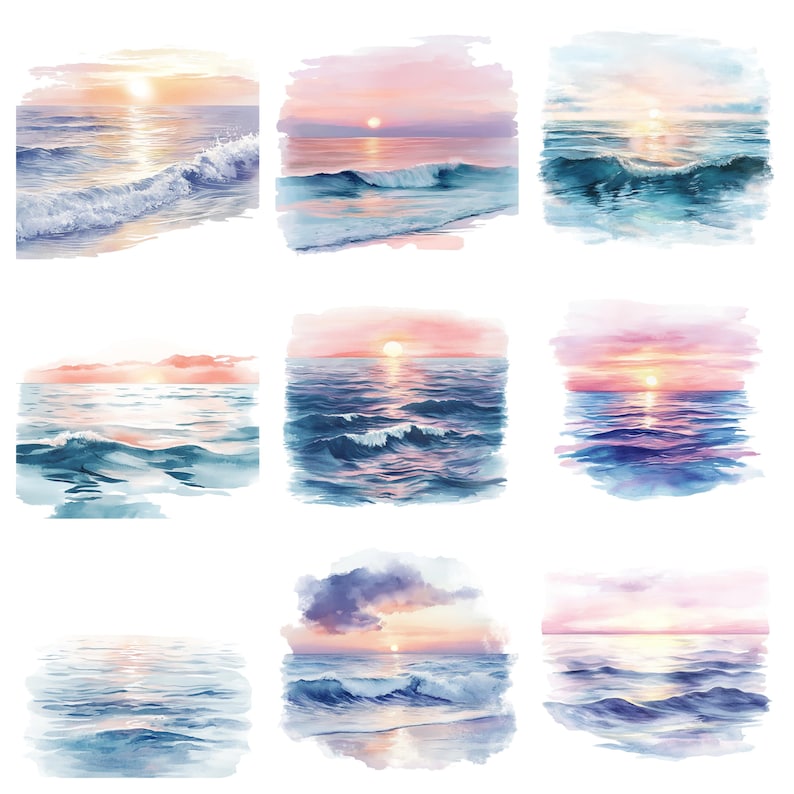 K&ouml;nnte beinhalten: Neun Aquarelle von Ozeanszenen mit Sonnenunterg&auml;ngen. Jedes Gem&auml;lde zeigt eine andere Farbpalette und Komposition von Wellen und Himmel.
