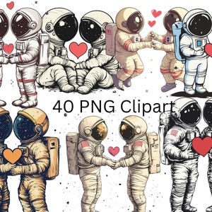 40 astronautes amoureux des cliparts, images individuelles PNG sur fond transparent, sublimation, usage commercial