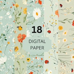 Carta digitale con fiori di campo e coccinelle, sfondi primaverili con prati fantasiosi per lavoretti, biglietti e diari