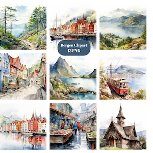 Clipart aquarelle de Bergen, Norvège Clipart, clipart villes, images individuelles PNG sur fond transparent, sublimation