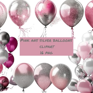 Rosa Glitzer Luftballons Clipart, silberne Glitzer-Party-Clipart im PNG-Format sofortiger Download für kommerzielle Nutzung
