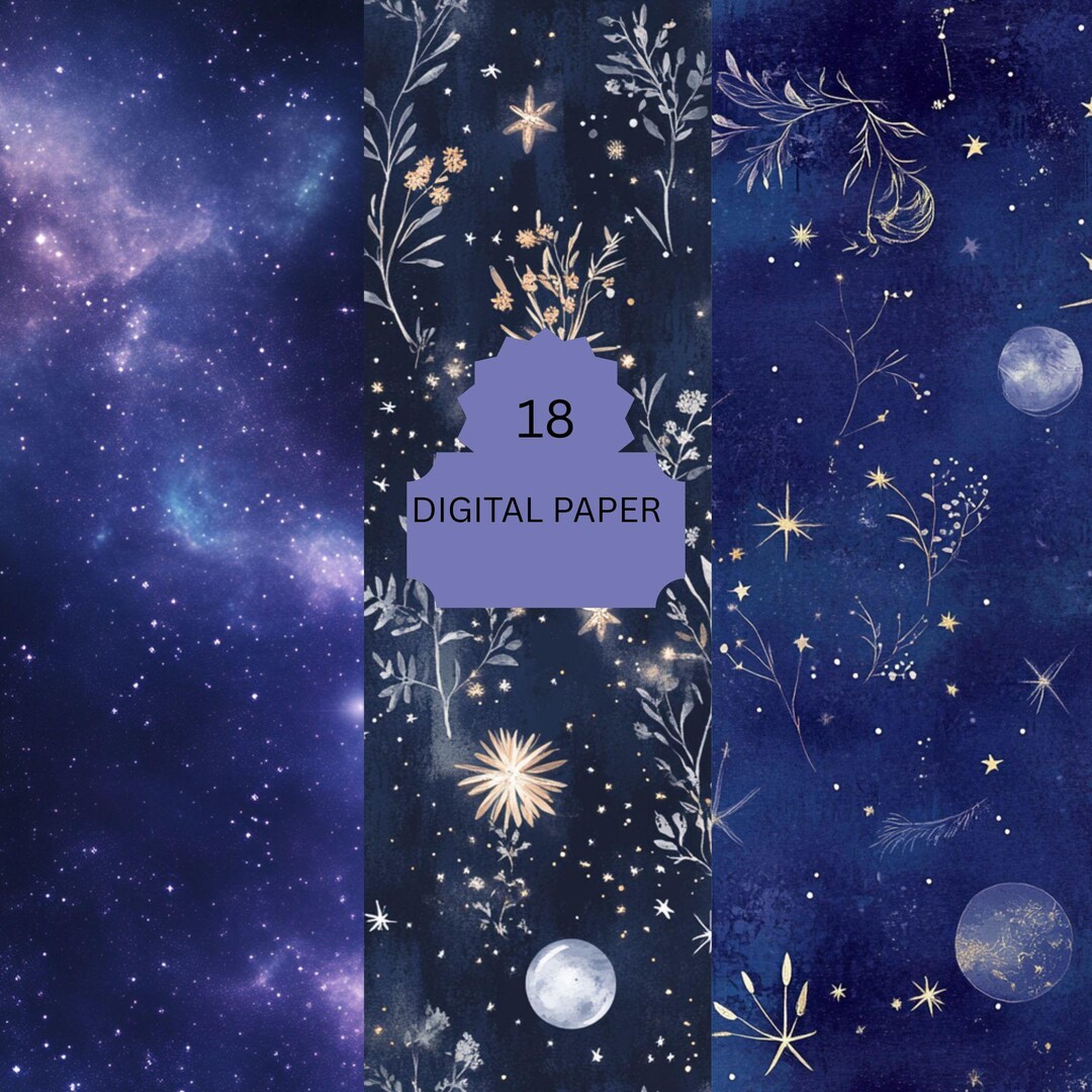 Celestial Floral Digital Paper Pack - Starry Sky and Botanical Galaxy ...