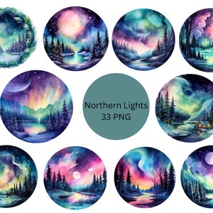 Watercolor Northern Lights Clipart, Round Frames, PNG digital files on a transparent background, scrapbook, invitations