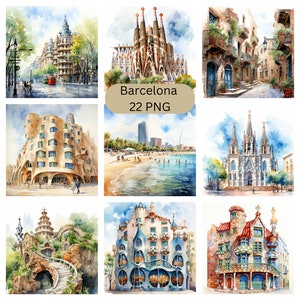 水彩バルセロナ クリップアート、透明な背景の PNG デジタル ファイル、昇華、商用利用