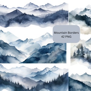 Aquarel berggrenzen clipart, digitale PNG-bestanden op transparante achtergrond, sublimatie, commercieel gebruik