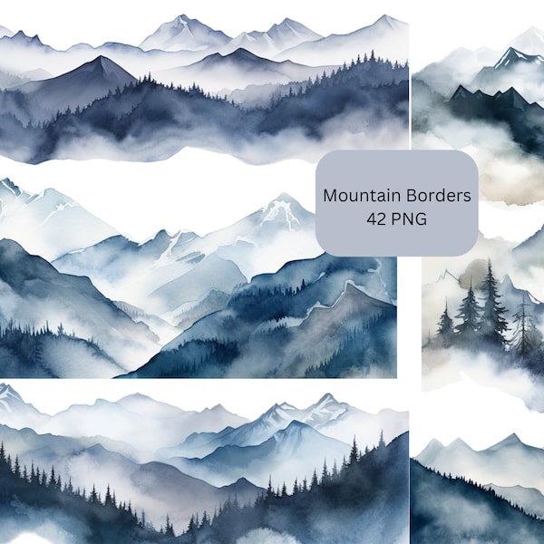 Aquarelle Mountain Borders Clipart, fichiers numériques PNG sur fond transparent, sublimation, utilisation commerciale